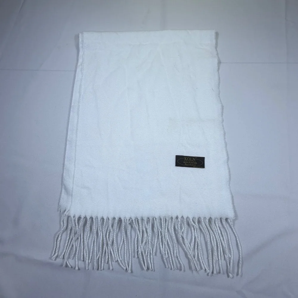 Koln Fashions White 100% Cashmere Scarf Fringe Trim Unisex 72